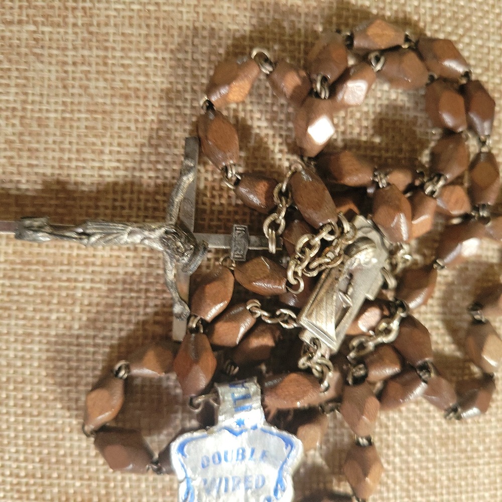 Vintage Italy Wood Bead Double Wired Rosary Crucifix Necklace 30in w/ Label